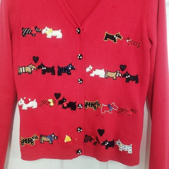 Berek Dog Cardigan Red Knit Cotton Blend V Neck Sweater Womens Size Large - Picture 2 of 15
